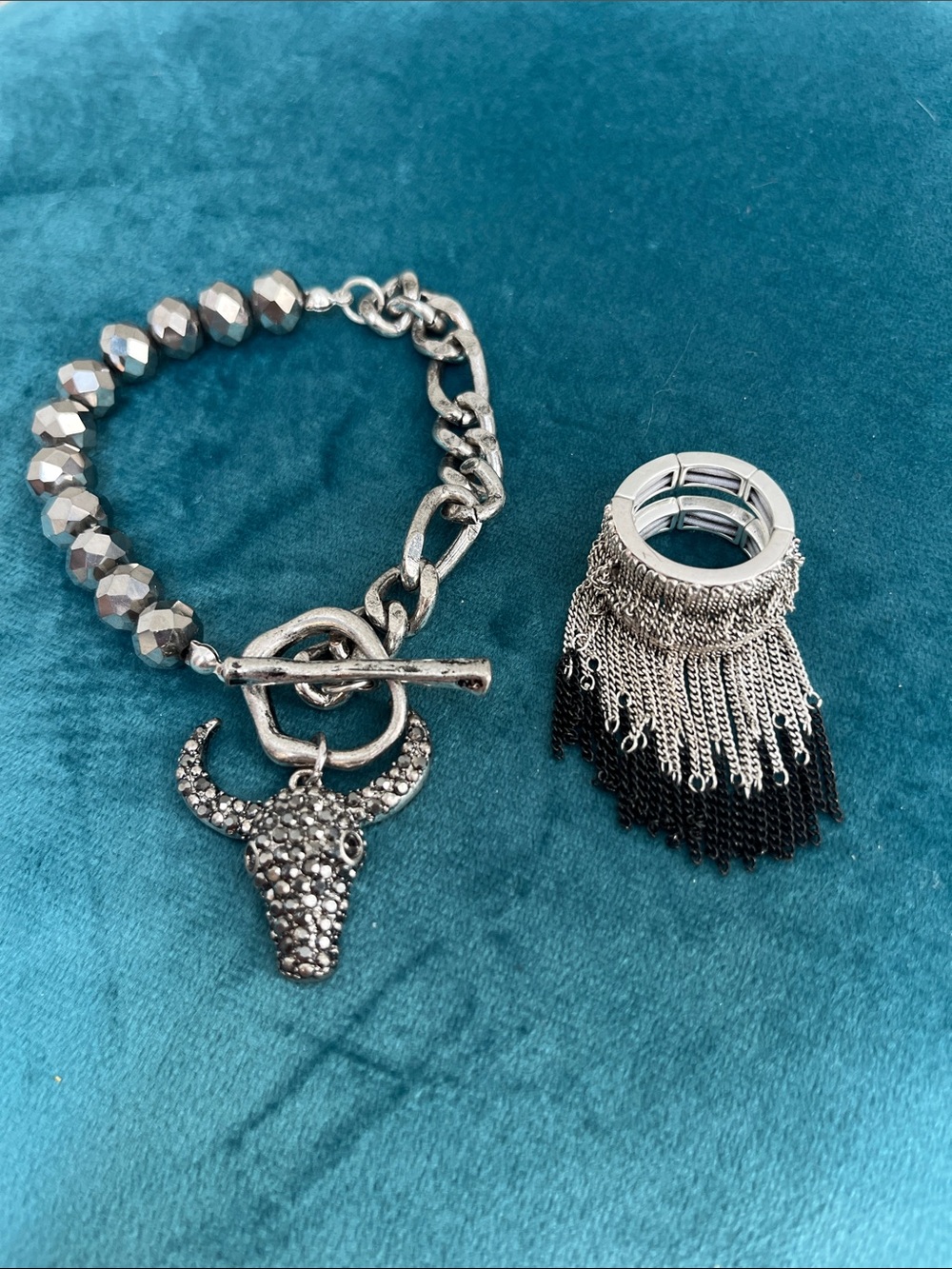Boot Barn Silver Crystal Steer Skull Bracelet and Lainey Wilson Fringe Ring